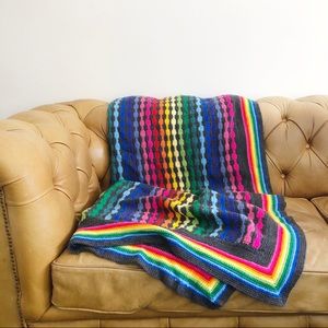 Hand Knit Rainbow Striped Throe Blanket